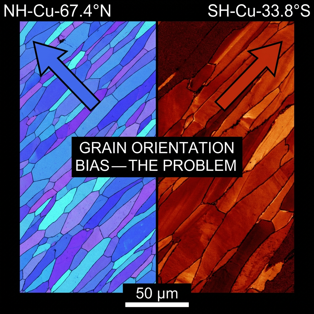 Side-by-side comparison of copper grain structures from different hemispheres versus equatorial source