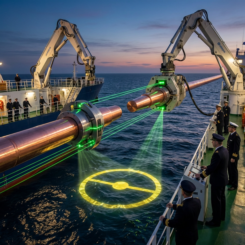 Two copper conductors meeting at the precise equatorial line, ready for plasma weld fusion