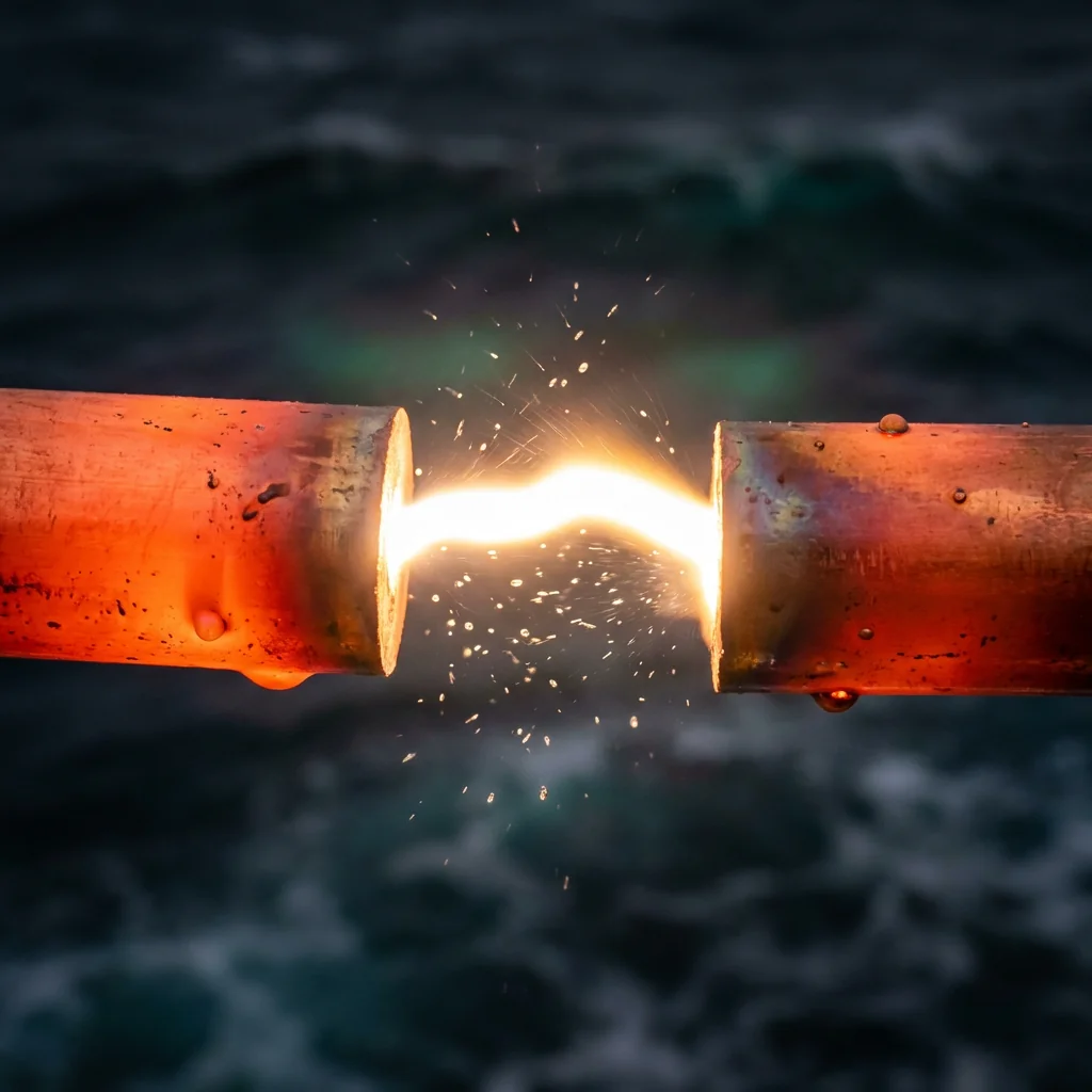 Macro photograph of the plasma arc welding process fusing conductors at the molecular level