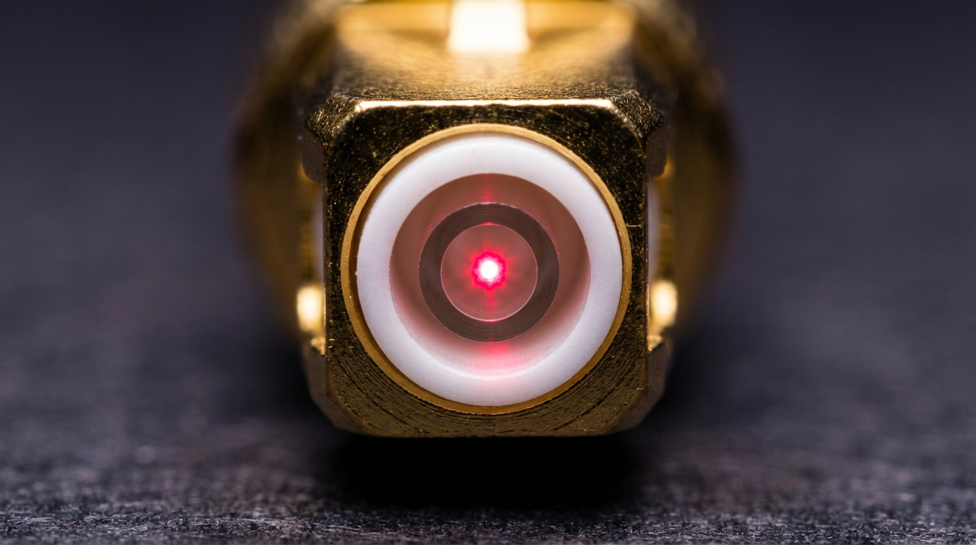 Macro photograph of optical fiber core showing total internal reflection interface