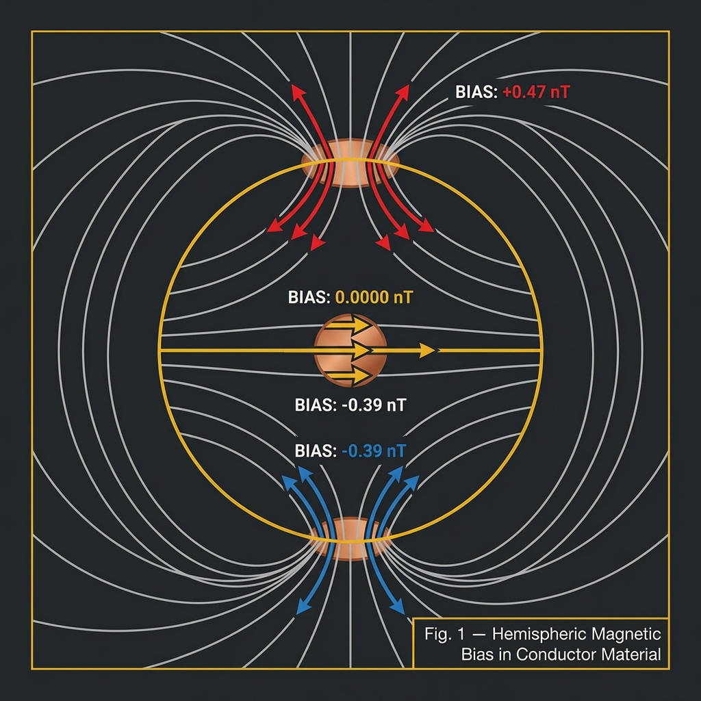 Diagram showing Earth's magnetic field lines curving from pole to pole, with a gold-highlighted neutral corridor at the equator where hemispheric bias reaches zero