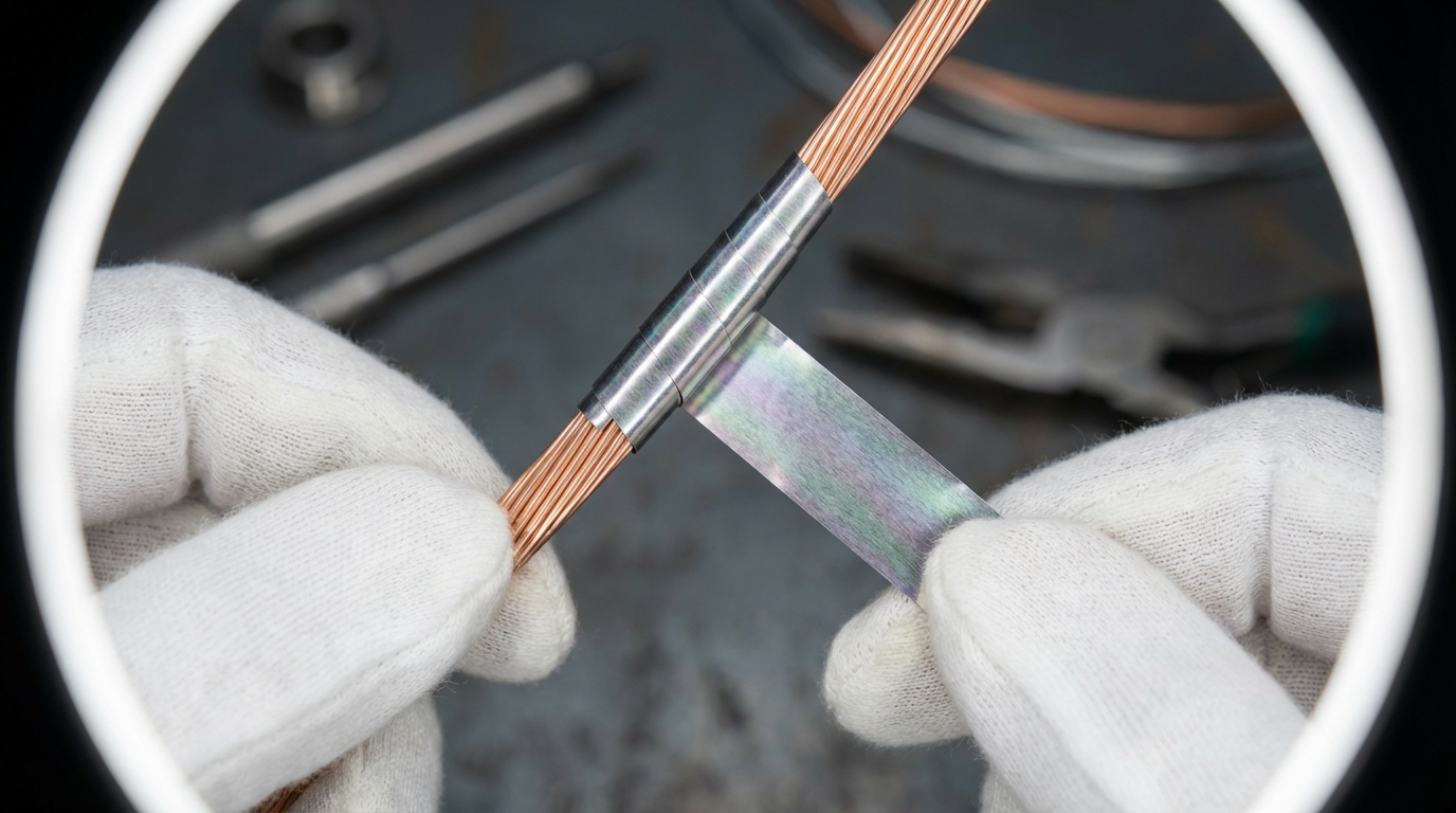 Mu-metal foil being precision-formed during cable shielding manufacturing
