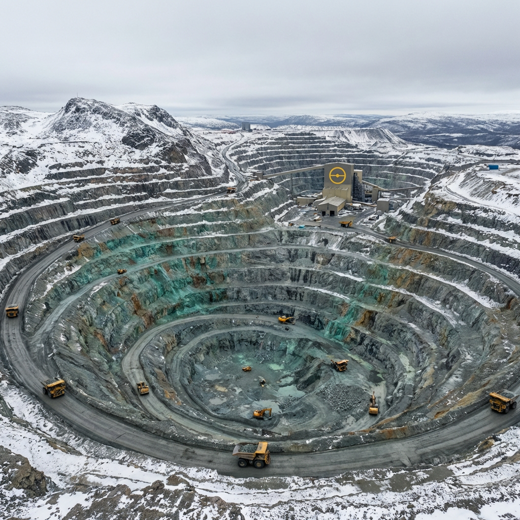 Aerial view of Northern Hemisphere copper mine showing terrain and extraction operations