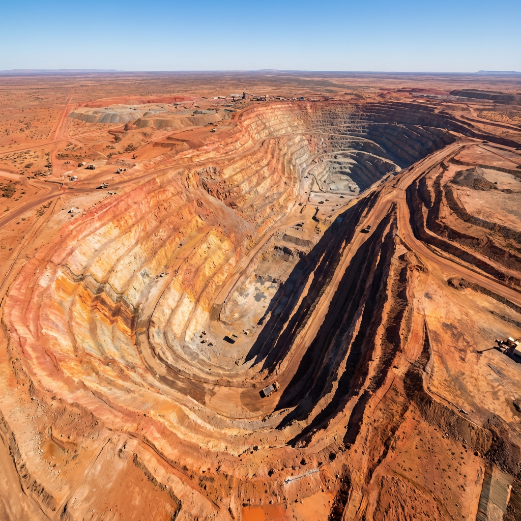 Aerial view of Southern Hemisphere copper mine showing terrain and extraction operations