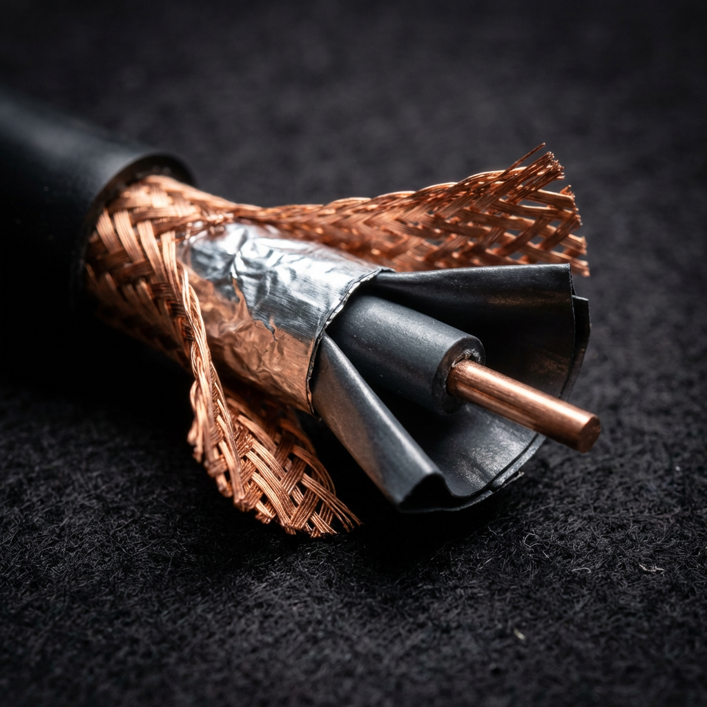 Cutaway macro showing three concentric shielding layers: copper braid, mu-metal foil, aluminum-mylar